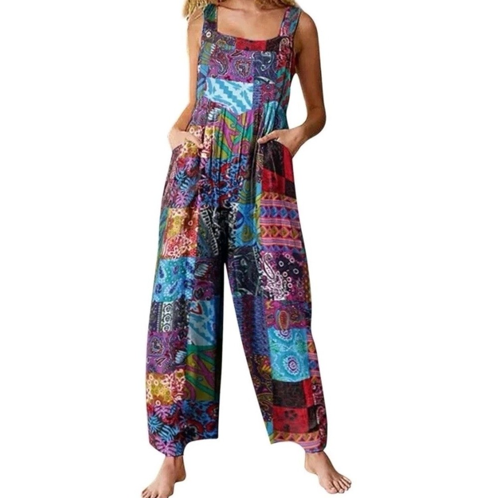 Patchwork‎ Print Overalls Lightweight Boho Hippie Festival Women's Small pockets